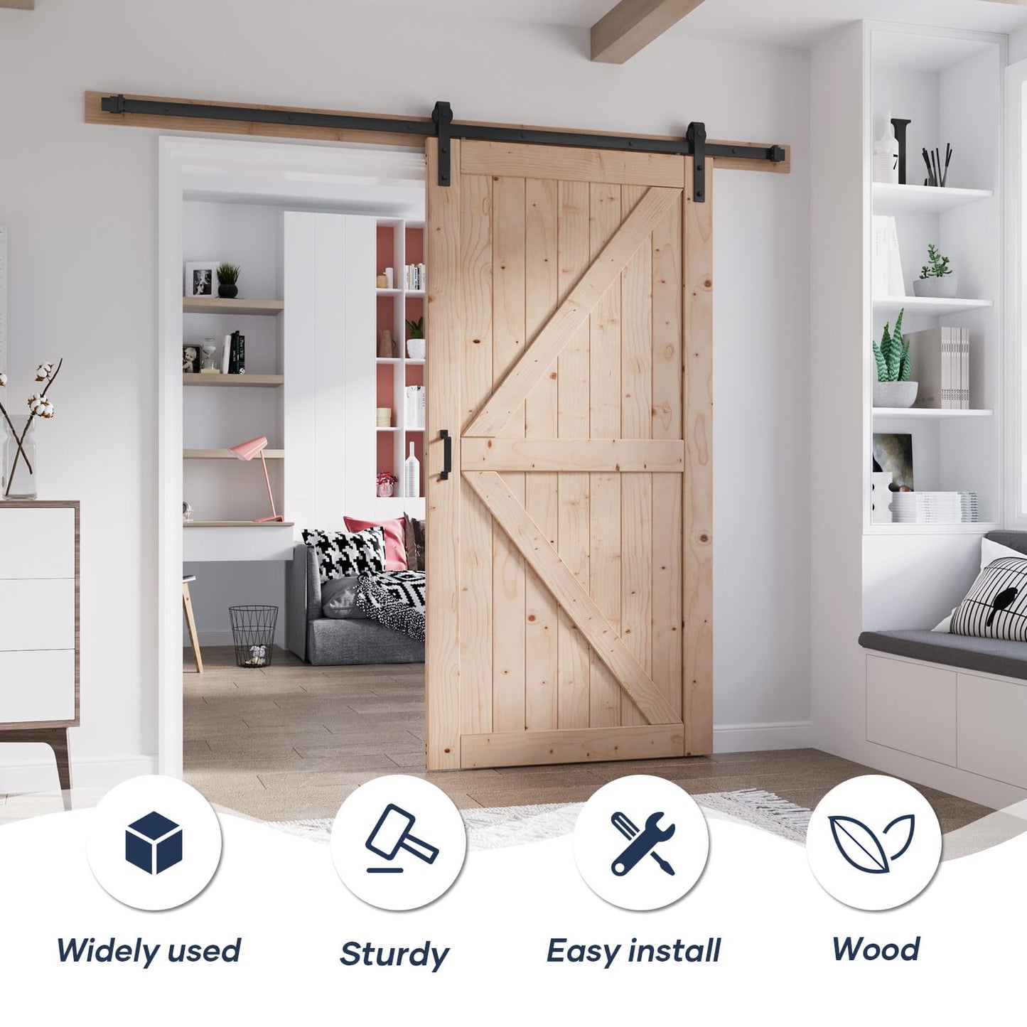 FREDBECK 38in x 84in Sliding Barn Door with 6.6FT Barn Door Hardware Kit Included Wood K Shape Solid Spruce Panel Need to Assembly
