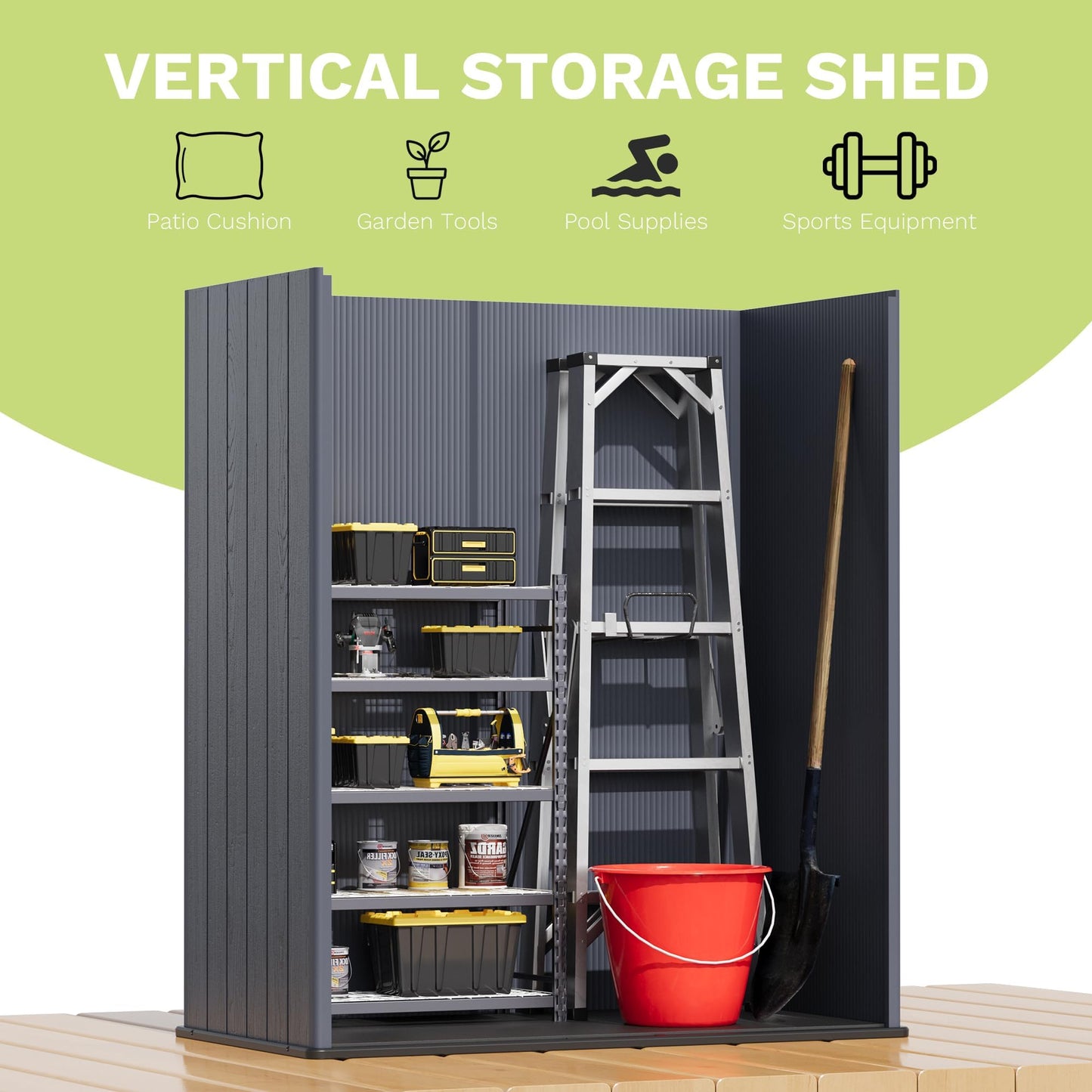 Devoko 5x3 FT Plastic Storage Shed with Floor, Small Resin Vertical Outdoor Storage Cabinet with Lockable Door, Waterproof Tool Garden Shed for Patio Lawn Backyard, Dark Gray