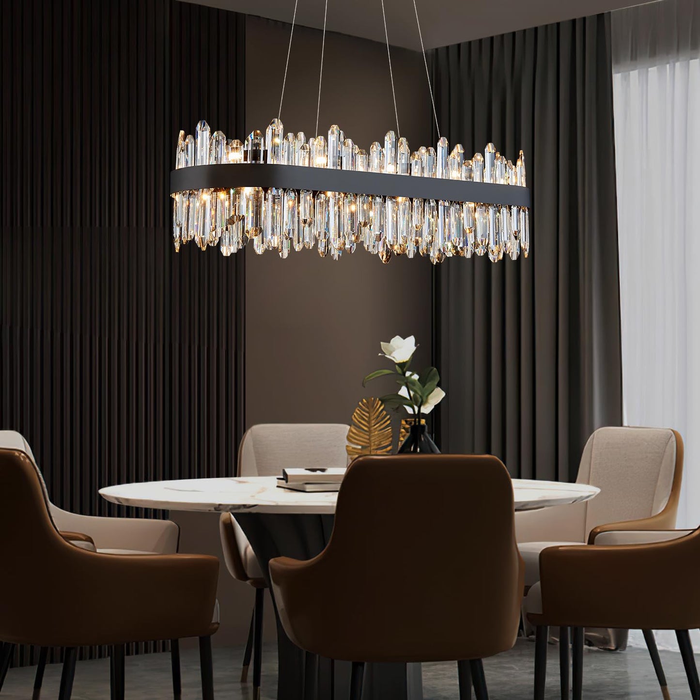 DUNFIZZ Modern Rectangular Crystal Chandelier, 20-Lights Black Raindrop Chandelier Lighting Contemporary Pendant Ceiling Light Fixture for Dining Room Living Room Kitchen Island L35.4''