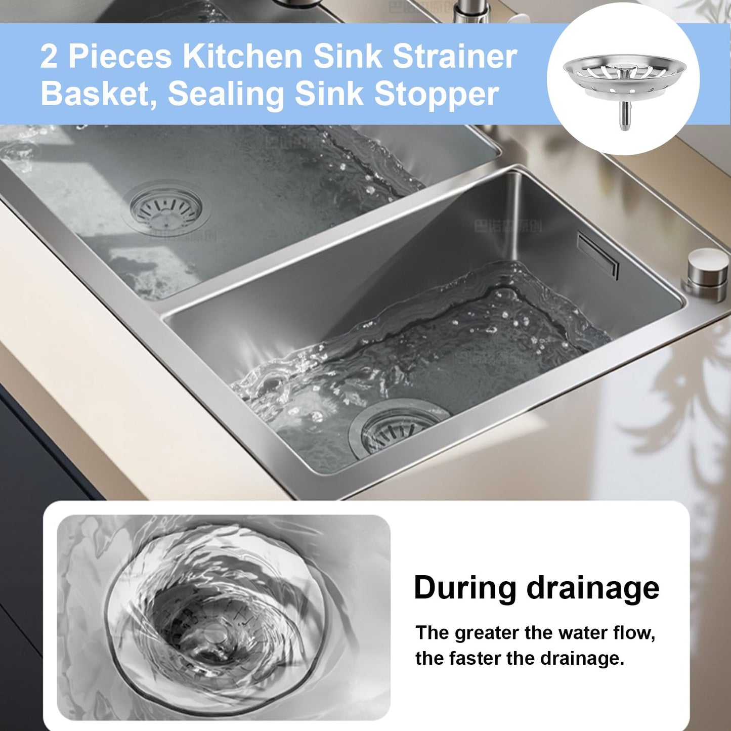 QruiLanTu 2pcs Kitchen Sink Drain Basket, 3 1/4 '' 304 Stainless Steel Drainage Filtration Basket with Handle for Kitchen Sink Strainer Replacement