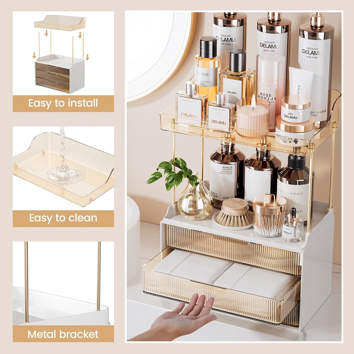 2 3 Countertop, Counter, Delamu Bathroom Organizers and Storage, Tier Drawer Makeup Organizer Easy to Install, Ideal