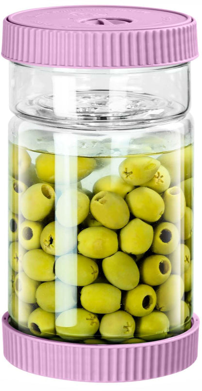 LIVSGNISTA Upgraded 40oz Glass Pickle Jar with Time Tracker–Pickle Container with Strainer Flip Leak-Proof,Auto Venting,Easy Clean Design Hourglass Pickle Juice Separator(Purple)