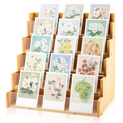 Yuntau 5 Tier Greeting Card Display Stand Wood Color Bamboo and Acrylic Sticker Display Stand Trading Card Holder Retail Photos Shelf for Vendors Craft Collection & Show