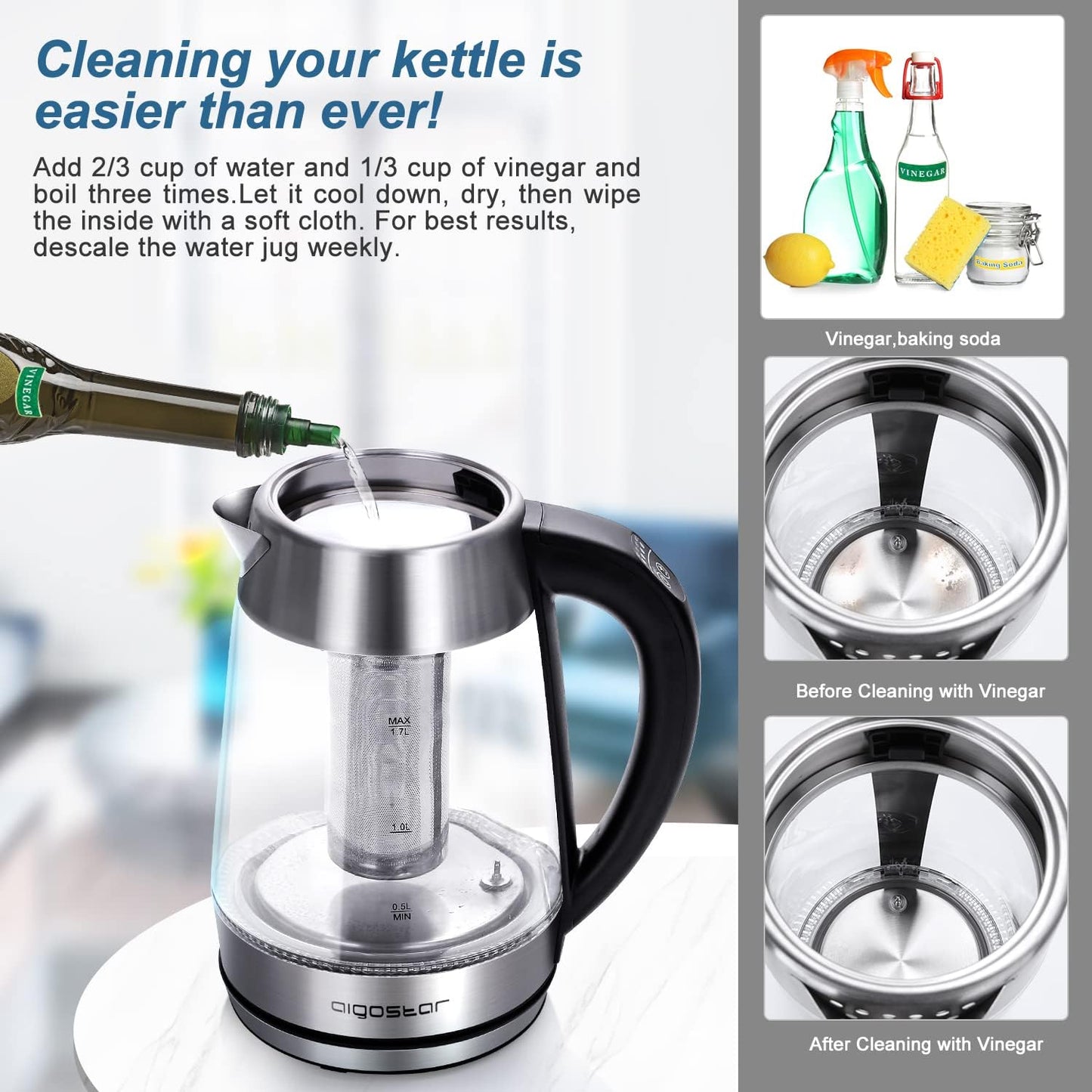 1500W 1.7L Aigostar Electric Kettle, Tea Kettle with Temperature Control and Tea Infuser, Hot Water Kettle