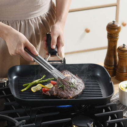 S·KITCHN Grill Pan with Folding Handle, Nonstick Grilling Pan for Stove Tops, Induction Compatible Rectangle KBBQ Pan with Pour Spouts - 13 × 9IN