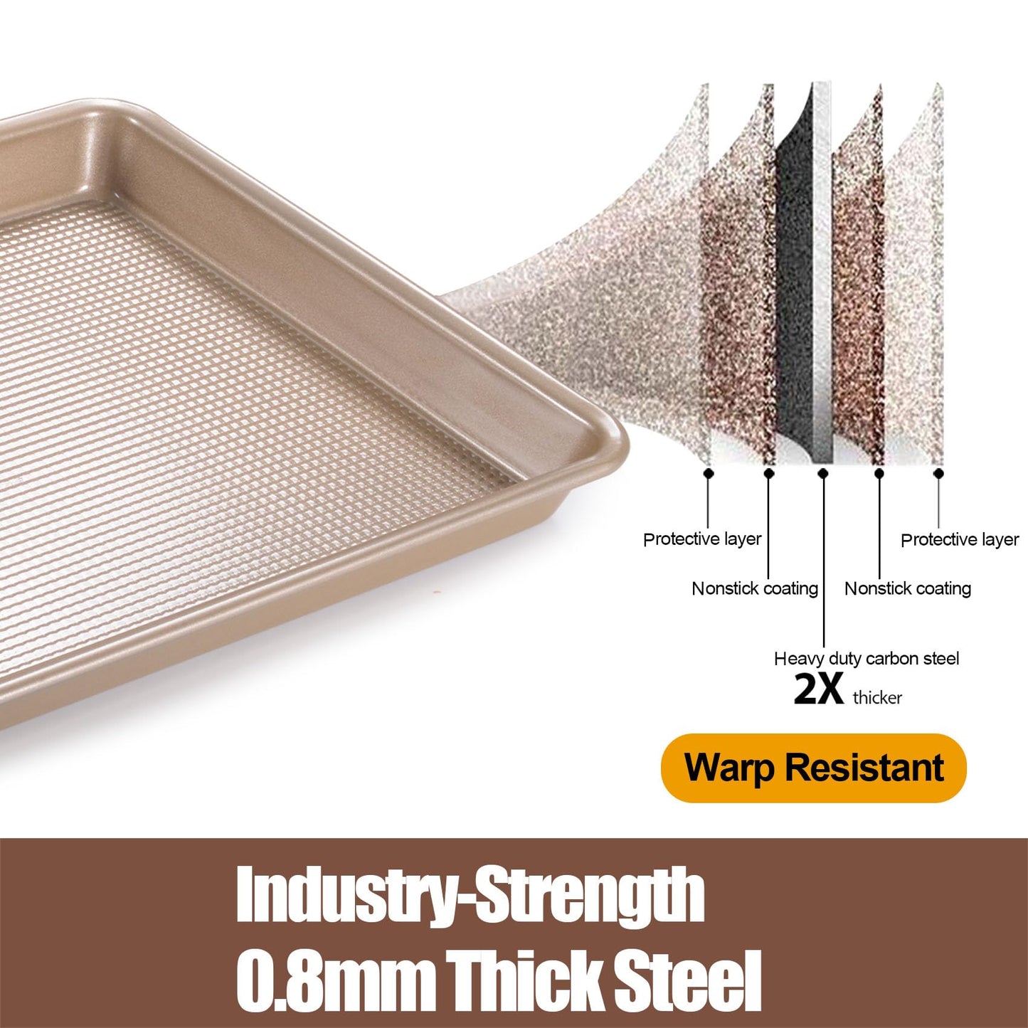 JOHO BAKING Cookie Sheets for Baking Nonstick, 2 Pack Heavy Duty 0.8mm Baking Sheet Pan Set Quarter(9x13in) & Jelly Roll(10x15in) with Diamond Texture, Gold Commercial Grade, Small Oven Safe