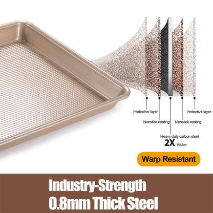 JOHO BAKING Cookie Sheets for Baking Nonstick, 2 Pack Heavy Duty 0.8mm Baking Sheet Pan Set Quarter(9x13in) & Jelly Roll(10x15in) with Diamond Texture, Gold Commercial Grade, Small Oven Safe