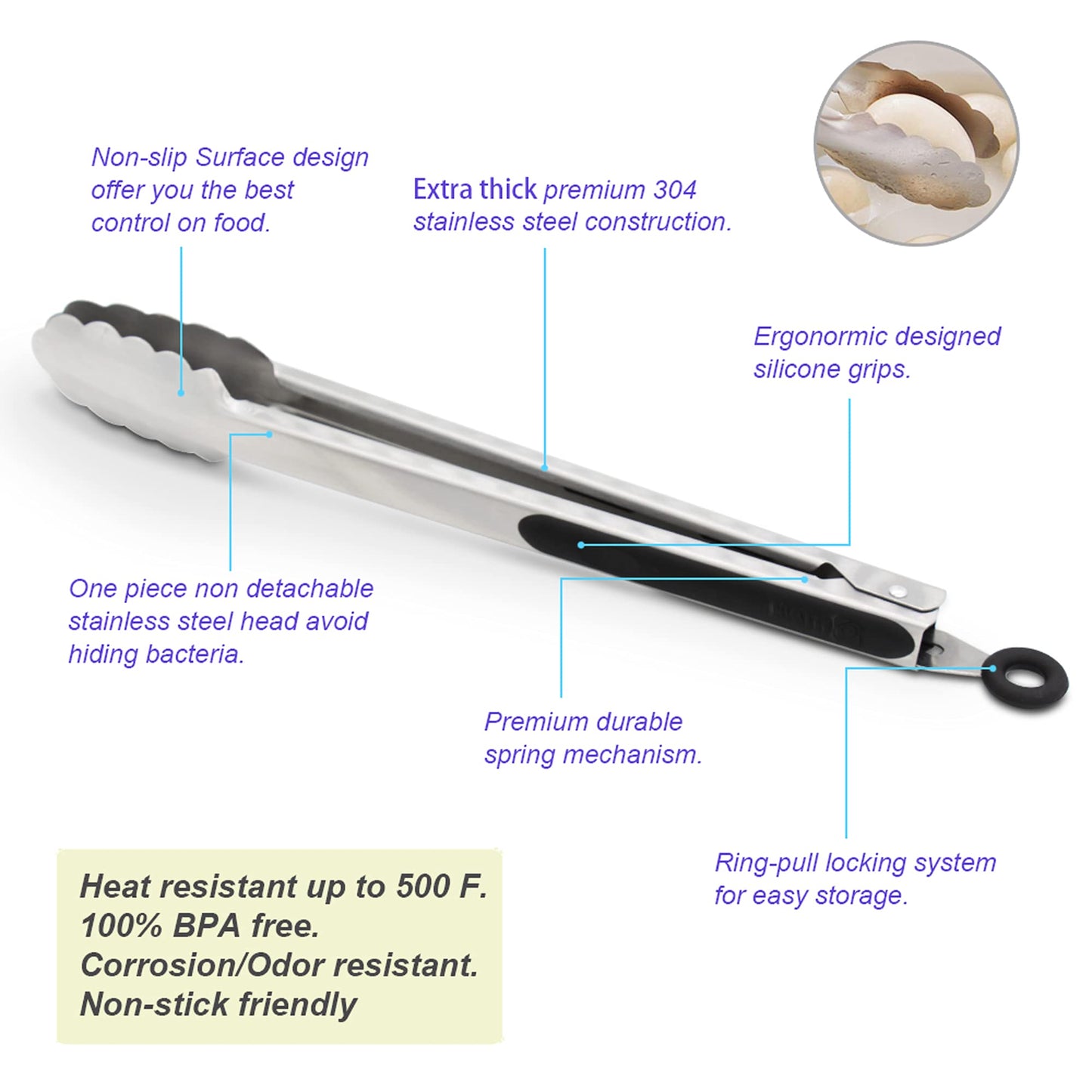 304 Stainless Steel Kitchen Cooking Tongs, 12" and 14" Set of 2 Sturdy Grilling Barbeque Brushed Locking Food Tongs with Ergonomic Grip, Black