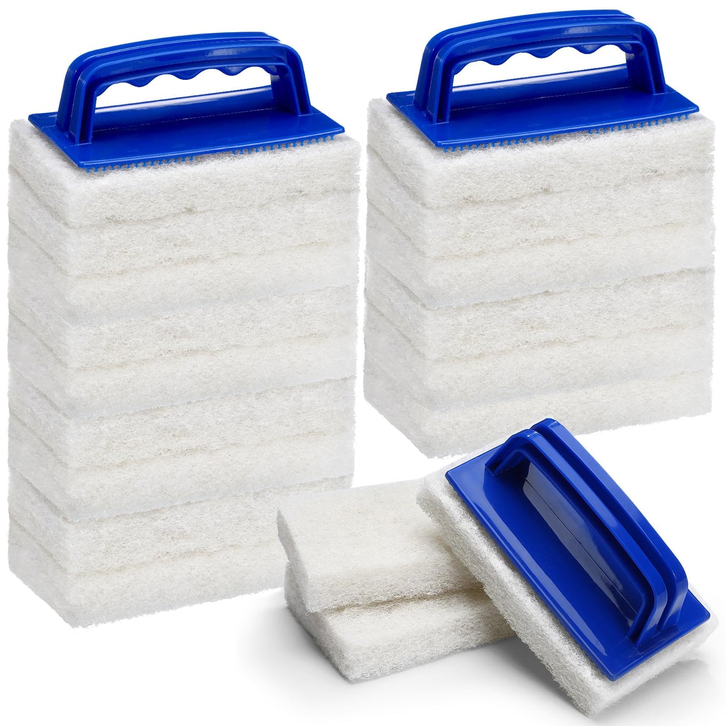 Maxdot 18 Pcs Handled Bath Scrubber Set, 15 Bathroom Scouring Pad 3 Bathtub Scrubber with Handle Non Scratch Soap Scum Remover for Cleaning Sink Shower Tile Swimming Pool Step Corner(Blue and White)