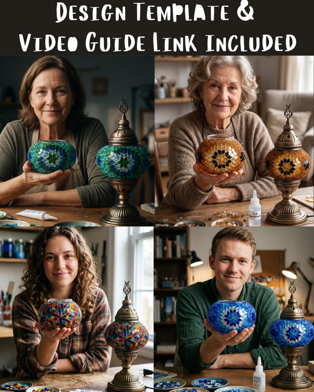 DEMMEX DIY Turkish Moroccan Mosaic Lamp Making Kit – No Grout – Fun, Easy, No Experience Required – Complete Mosaic Art & Craft Project Kit for Adults & Teens – Make Your Own Table Lamp (Turquoise)