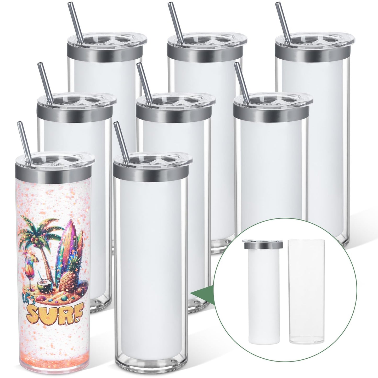 20 Oz 8 Pack Double Wall Pre Drilled Sublimation Storyboard Snow Globe Tumbler, Inner Stainless Steel Outer Plastic Insulated Storyboard Cups, DIY Interlayer for Glitter Storyboard Tumbler Gifts