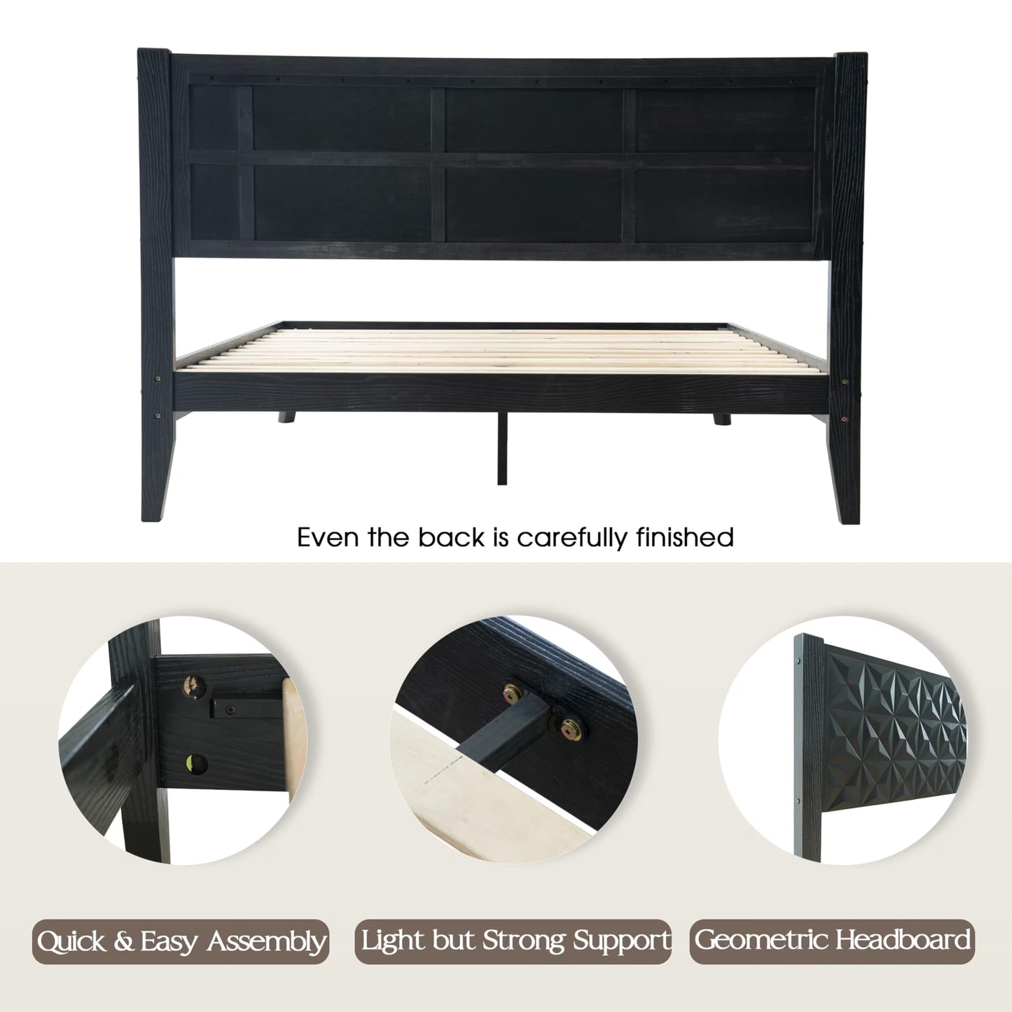 Queen Size Platform Bed Frame with Headboard & Footboard, Center Metal Legs, 12 Solid Wood Slatted Base, Easy Assembly, No Box Spring Needed, Noise-Free & Anti-Slip, Ebony Oak Finish UPQ-35