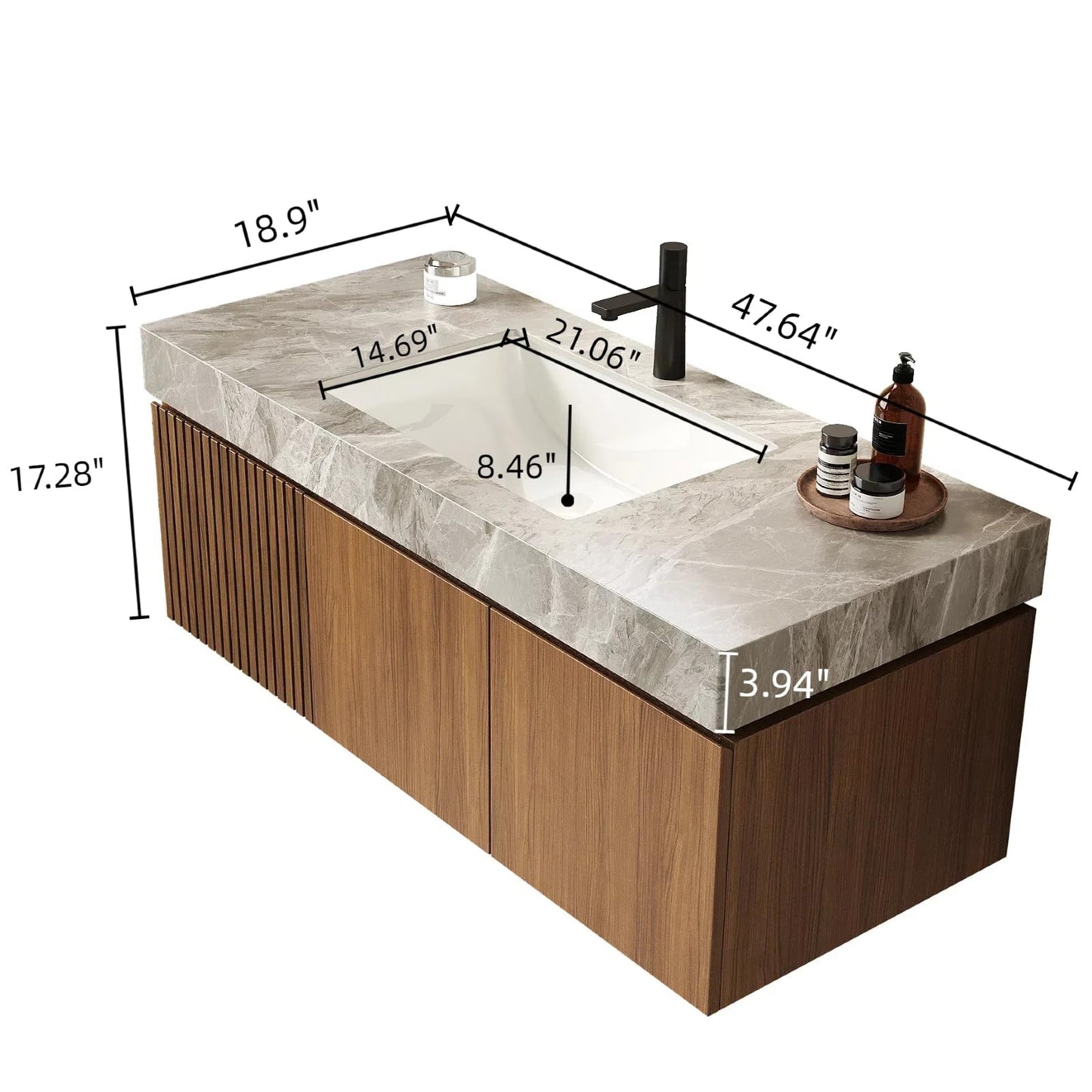 Trygoal 48" Bathroom Vanity with Sink, Wall-Mounted Plywood Bathroom Storage Cabinet with Ceramic Basin & Sintered Stone Countertop, Modern Pre-Assembled Floating Vanity with Drawer & Door, Brown Oak