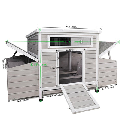 KEIKI Large Wooden Chicken Coop, Outdoor Hen House, Poultry Cage, Rabbit Hutch, Wooden Poultry Cage for Outdoor with 2 Sides Nesting Boxes, Gray+White