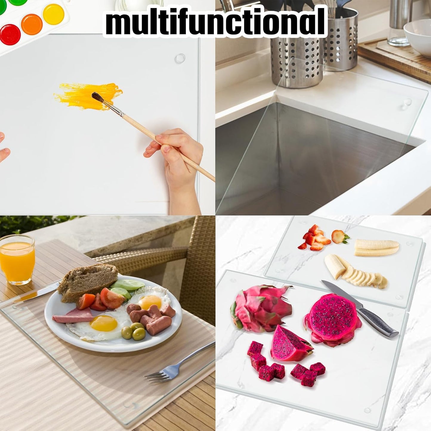 Transparent Glass Cutting Board for Kitchen Countertop, 16"x12", Rubber Non-Slip Feet, Dishwasher Safe