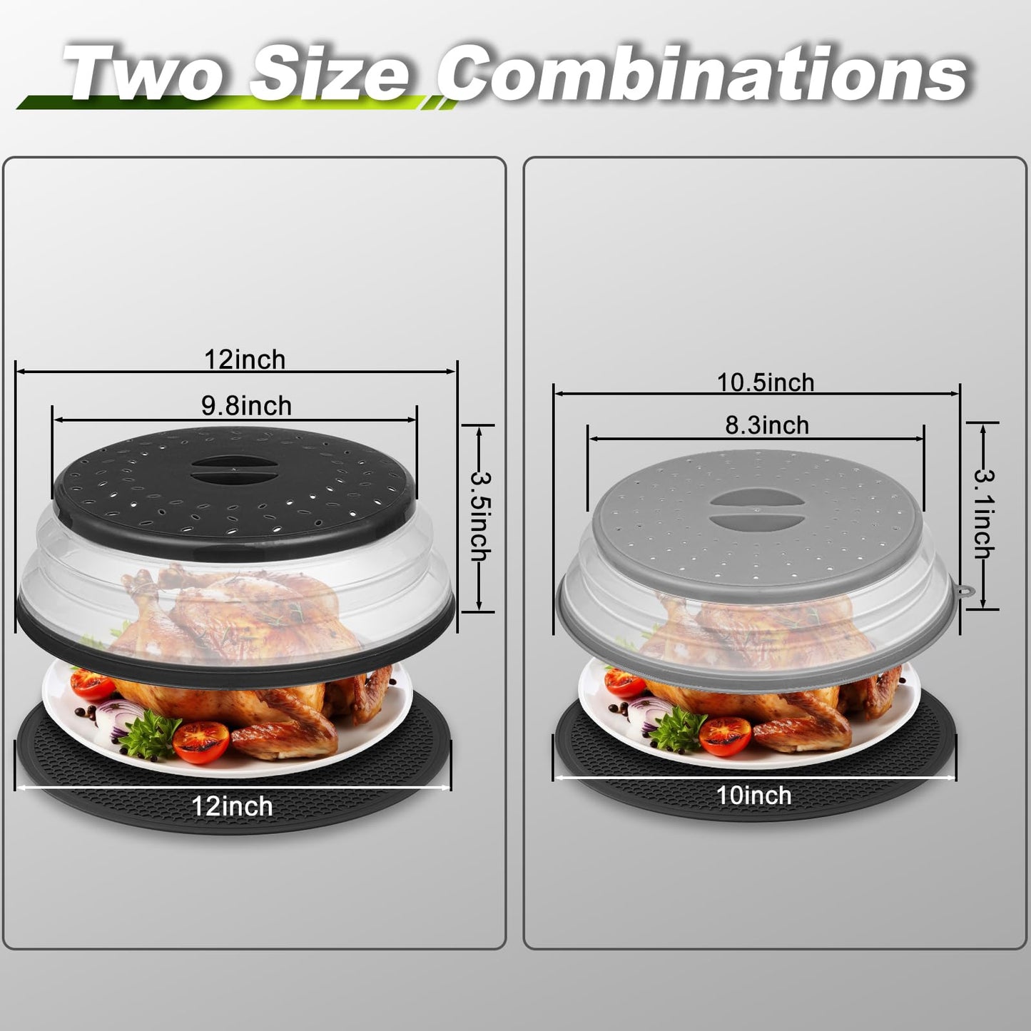 MAGJIUKE 12" Microwave food Cover & Mat,Large Vented Collapsible Splatter Guard dish Plate lid & Silicone Round Kitchen mat
