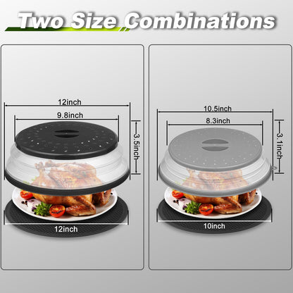 MAGJIUKE 12" Microwave food Cover & Mat,Large Vented Collapsible Splatter Guard dish Plate lid & Silicone Round Kitchen mat