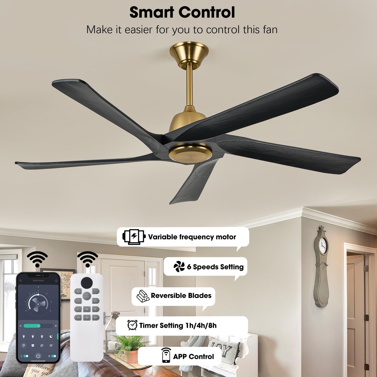 LVYEAYOU 60" Black and Gold Ceiling Fan No Lights, Remote and APP Control, 6-speed Reversible, Quiet DC Motor, Wood Ceiling Fans for Bedroom, Living Room, Office, Outdoor Patio