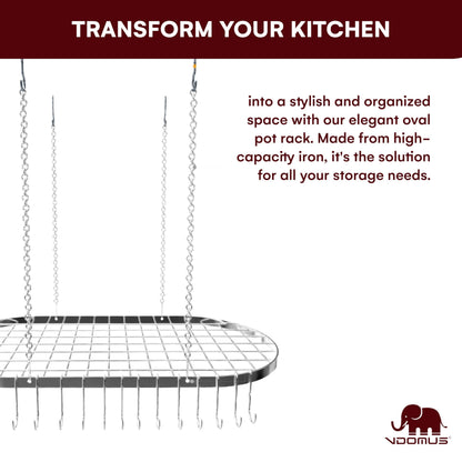 Vdomus Hanging Pot Rack - Ceiling Mount Kitchen Organizer for Pots and Pans with 15 Hooks - 33 x 17 Inches Heavy-Duty, Durable and Space-Saving Pan Holder - Silver
