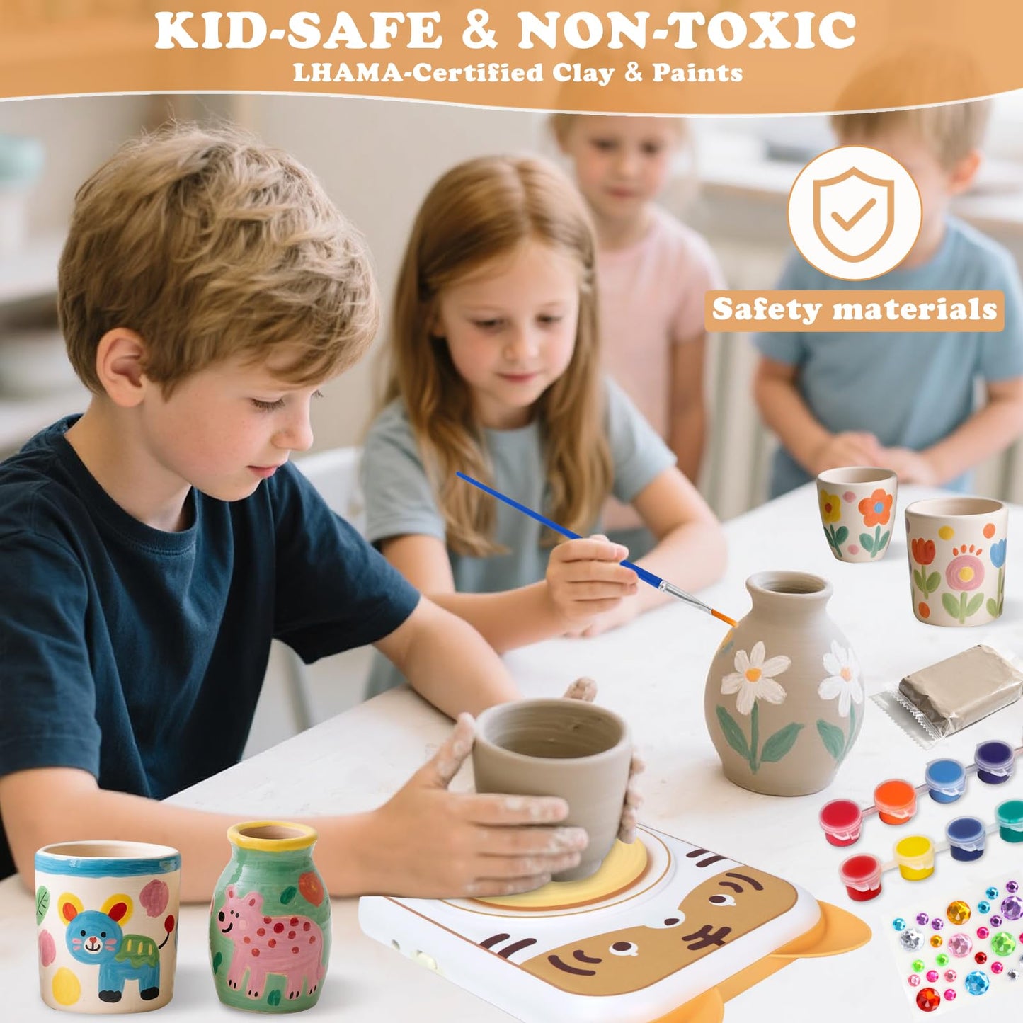 YOOIU Pottery Wheel for Kids, Art Supplies Arts & Crafts Kit, Crafts Toys for Girls 6+, Pottery Studio Craft Kit with 4 Pack Air-Dry Clay,Girls Toys Birthday Gift for Kids Ages 6 7 8 9 10 11 12+