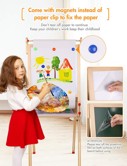 YOHOOLYO Kids Easel Wooden Children Art Easel Paper Roll,Double Sided Magnetic Whiteboard Chalkboard Dry Eraser Adjustable Height for Boys Girls Gifts