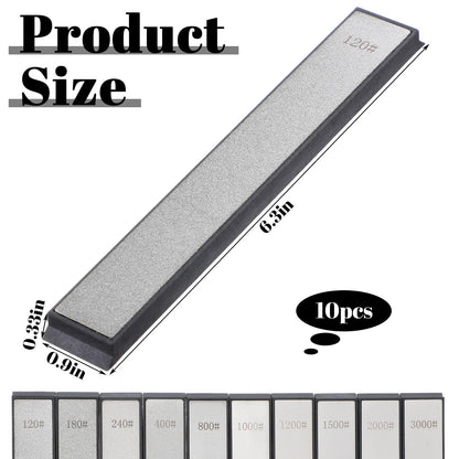 10 PCS Diamond Knife Sharpening Stones Set – 120# to 3000# Grit, Professional Whetstone Kit for Ruixin Sharpeners & Handheld Use – Non-Slip Base, Durable Diamond Plates for Kitchen & Outdoor Tools