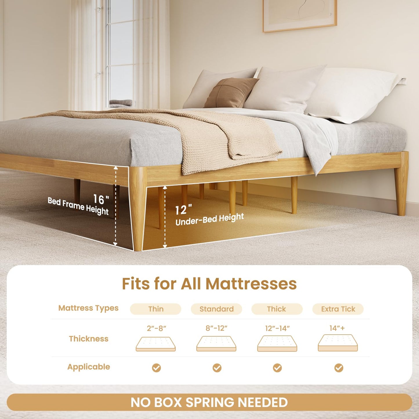 IOTXY Queen Platform Bed Frame - Solid Wood 16-Inch Height Mattress Foundation Base with Densely Slats and Heavy-Duty Support Legs, No Box Spring Needed, Oak