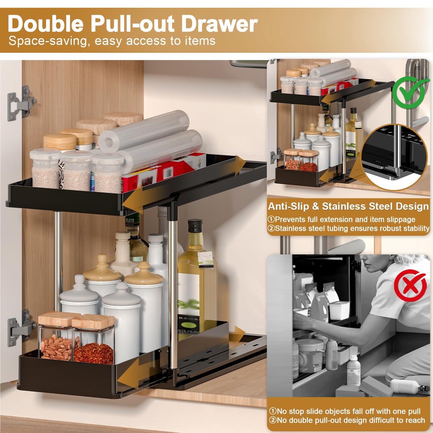 NIUXX Expandable Under Sink Organizer: 2 Tier Under Cabinet Organizer - Double Pull Out Shelf Under Sink Storage for Kitchen - Bathroom and Laundry Room - Space Saving