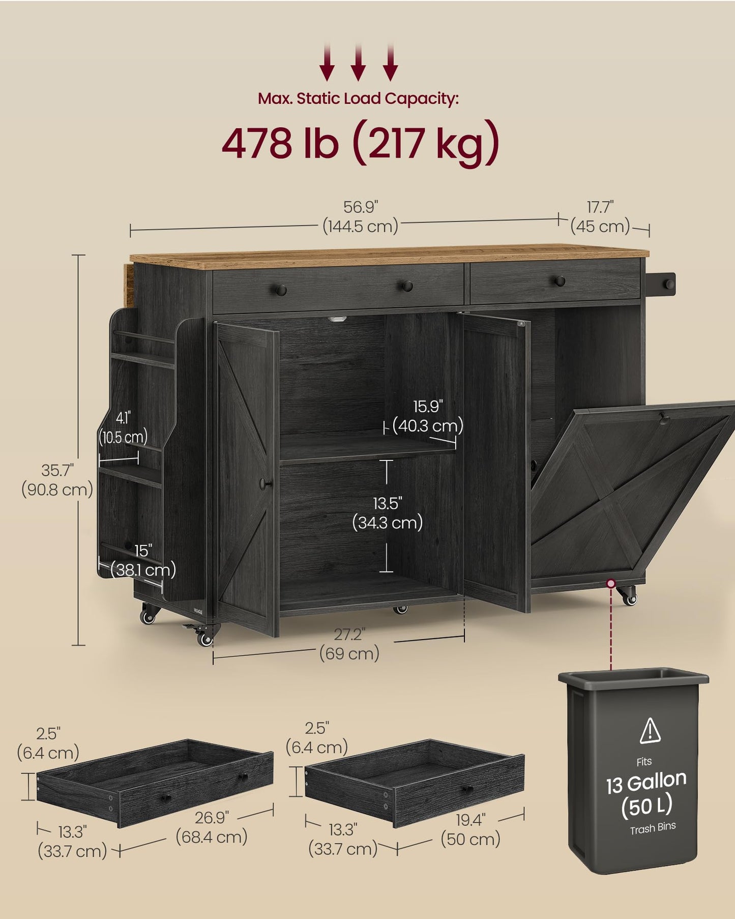 VASAGLE Mobile Kitchen Island with Trash Can Storage, Drop Leaf, Portable Island with Spice Rack, Mobile Cart with Storage Cabinet, for Dining Room, Ink Black and Honey Brown UKKI014BJ01S