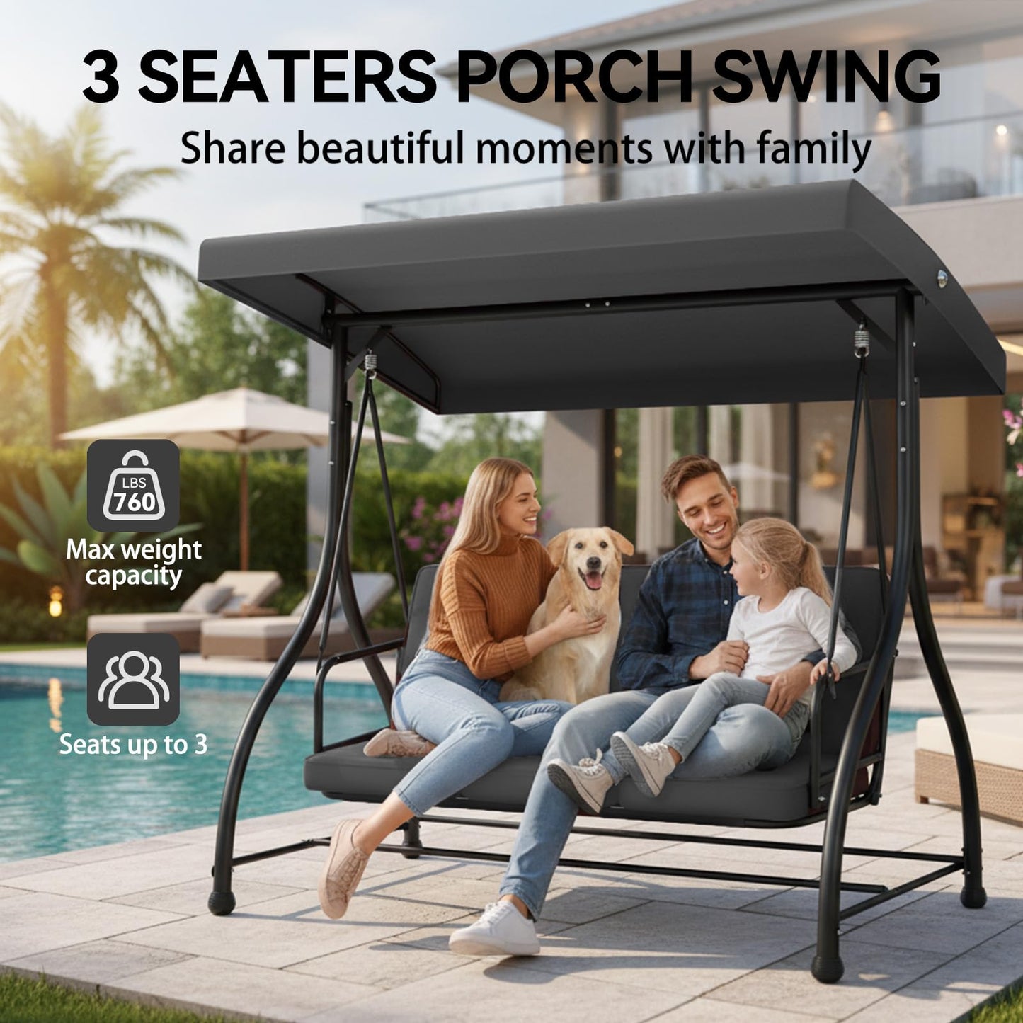 3-Seat Outdoor Porch Swing Glider with Adjustable Canopy, Patio Swings Bed with Removable Cushion for Porch, Backyard, Garden, Poolside, Balcony - Gray