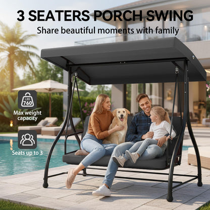 3-Seat Outdoor Porch Swing Glider with Adjustable Canopy, Patio Swings Bed with Removable Cushion for Porch, Backyard, Garden, Poolside, Balcony - Gray