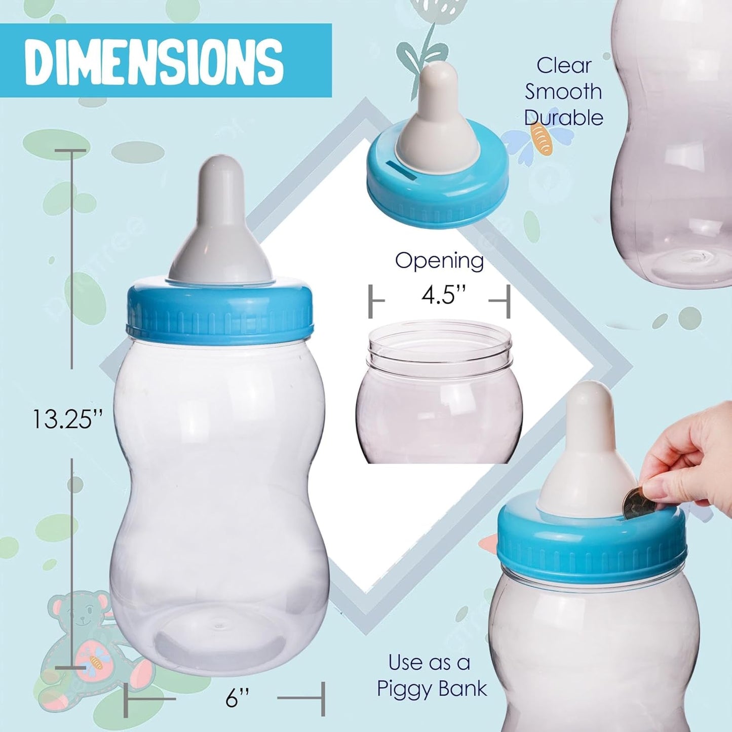 13" Evershine Plastic Baby Bottle Bank, Blue Fillable Baby Shower Bank, Plastic Jumbo Baby Favor Bottle Centerpiece