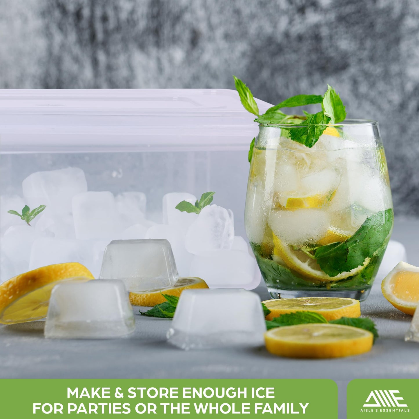 AISLE 3 ESSENTIALS Ice Cube Tray Set – 4 Silicone Trays with Lids, Ice Bucket, Scooper & Tongs – Reusable BPA-Free Ice Maker for Freezer, Cocktails, Whiskey, Coffee, Baby Food & Kitchen Storage