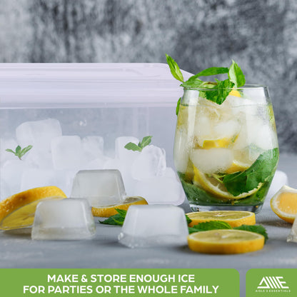 AISLE 3 ESSENTIALS Ice Cube Tray Set – 4 Silicone Trays with Lids, Ice Bucket, Scooper & Tongs – Reusable BPA-Free Ice Maker for Freezer, Cocktails, Whiskey, Coffee, Baby Food & Kitchen Storage