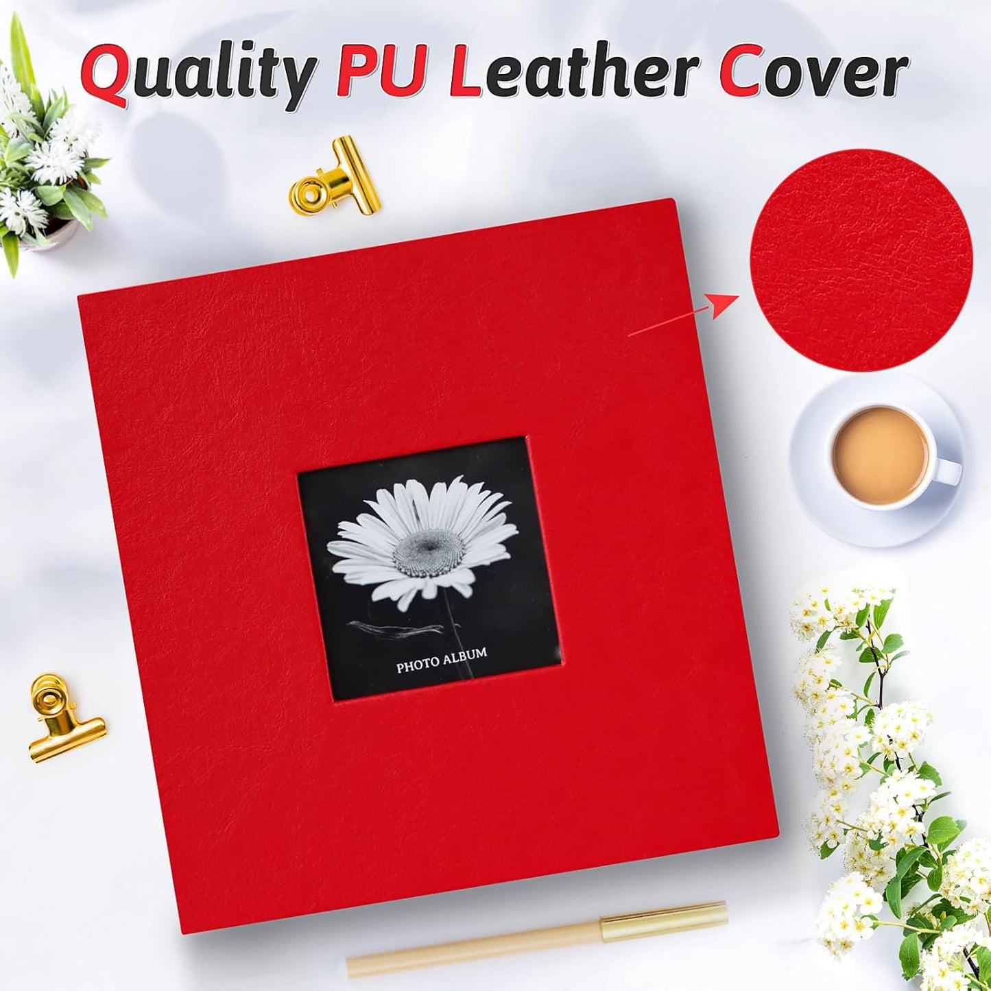 Photo Album 4x6, 200 Photos with Writing Space, Leather Cover Album with Display Window, Wedding Family Gift