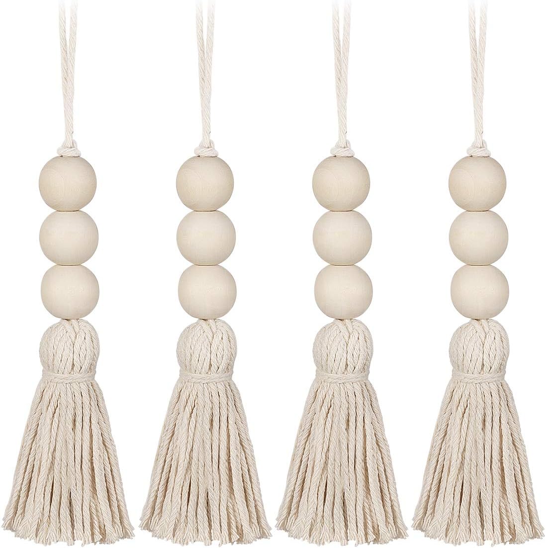 Garneck 4pcs Natural Cotton String Tassel Wood Beads, Handmade Wooden Pendant for Closet Door Handle Decor