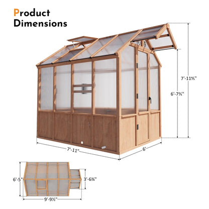 Modern Shade EverBloom 6.5'x8' Wooden Greenhouse, 8' Extra-Tall Cedar Wood Greenhouse with Built-in Outdoor Faucet Kit, Heavy Duty Greenhouse with Built-in Shelving, Power Strip & Ventilation System
