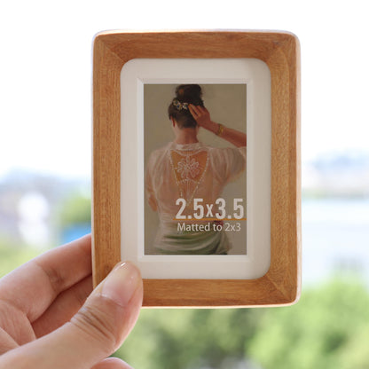 Zelvix Wooden Picture Frames, 2.5x3.5 Small Polaroid Picture Frame Matted to 2x3 with Plexiglass, Teak Solid Natural Wood Tiny Photo Frame, For TableTop and Wall Mounting