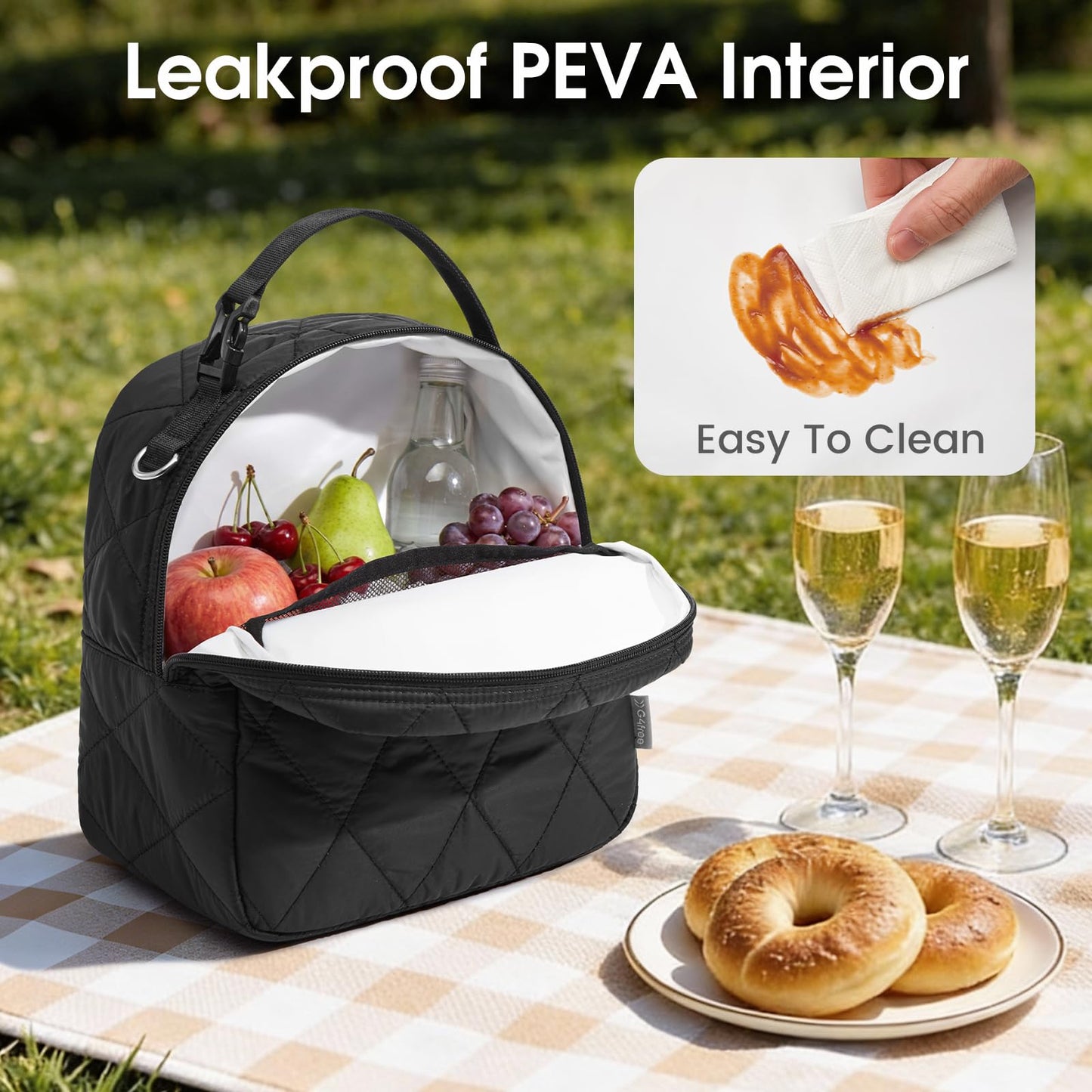 G4Free Large Insulated Lunch Bag, Leakproof Quilted Lunch Box Women Men, Reusable Puffer Lunch Bag For Work Picnic Travel, Black