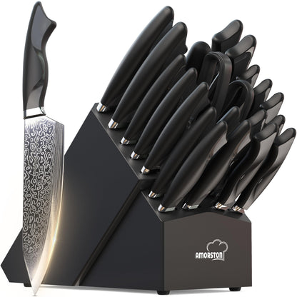 Amorston 22 Pieces Knife Set, Laser Engraved High Carbon Stainless Steel Knife Block Set, Full Tang Professional Kitchen Knife Set with Built-in Sharpener, Mothers Day Gifts for Kitchen