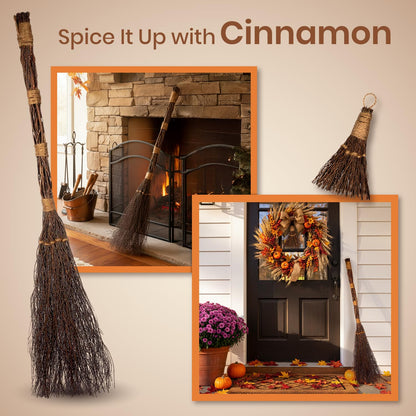 Cinnamon Brooms 36" and 6" - Cinnamon Broomstick Scented Combo - Mini Broom 6" & Large Broom 36" - Witches Broom Cinnamon Broomstick Decoration for Halloween - Mini Cinnamon Broomstick Scented Broom