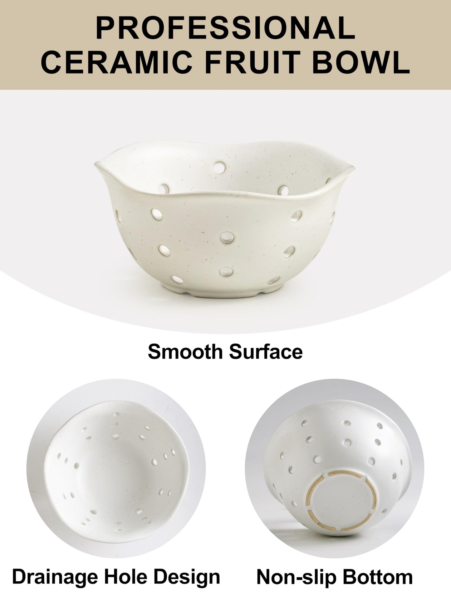 Gomakren Ceramic Berry Basket Set of 2, Rustic Fruit Basket Container 6 Inch, Fruit Bowl with Holes for Kitchen, Berries, Strawberry, Grape, Cherry, Mothers Day Gifts, Floral Shape - Cream White