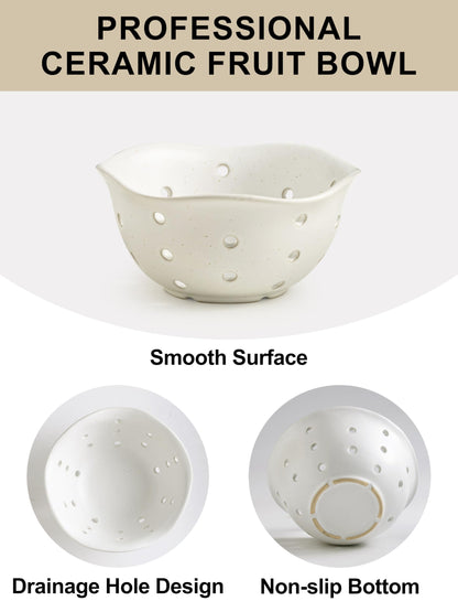 Gomakren Ceramic Berry Basket Set of 2, Rustic Fruit Basket Container 6 Inch, Fruit Bowl with Holes for Kitchen, Berries, Strawberry, Grape, Cherry, Mothers Day Gifts, Floral Shape - Cream White