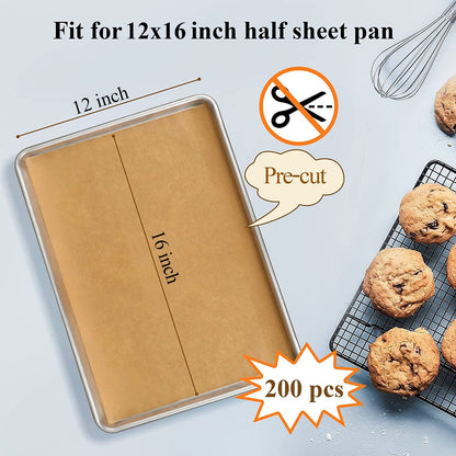 DISSKNIC 200PCS Unbleached Parchment Paper 12 x 16, Precut for Baking, Half Sheet for Cookie Sheets, Kitchen Gadgets and Supplies for Oven