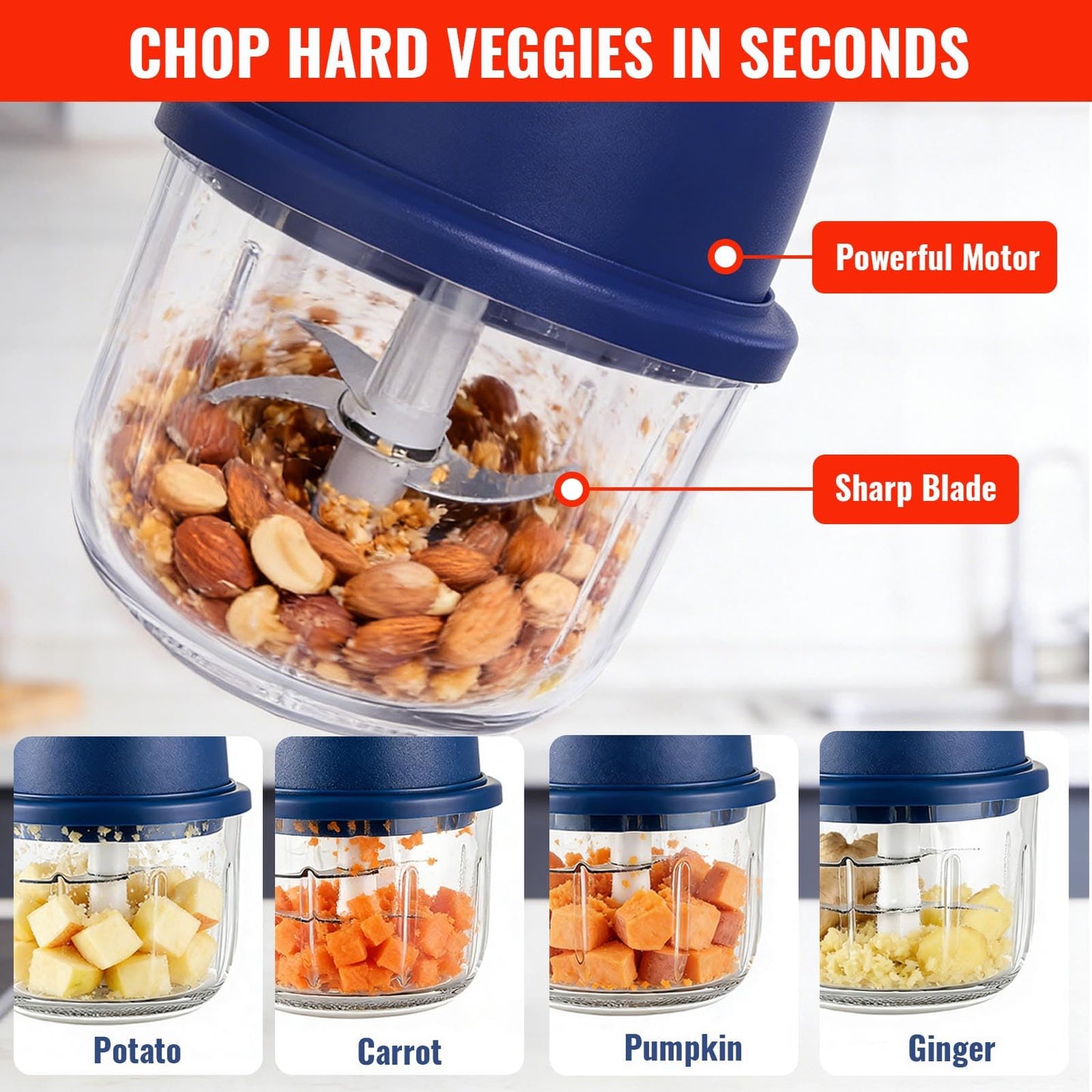 Electric Garlic Chopper 350ml, Powerful Portable Mini Food Processor, 1 Head 6 Blades, 1200mAh USB Rechargeable One-Touch Mincer for Garlic, Onion & Herbs, Auto Shut-Off, Noise-Reducing Base(Blue)