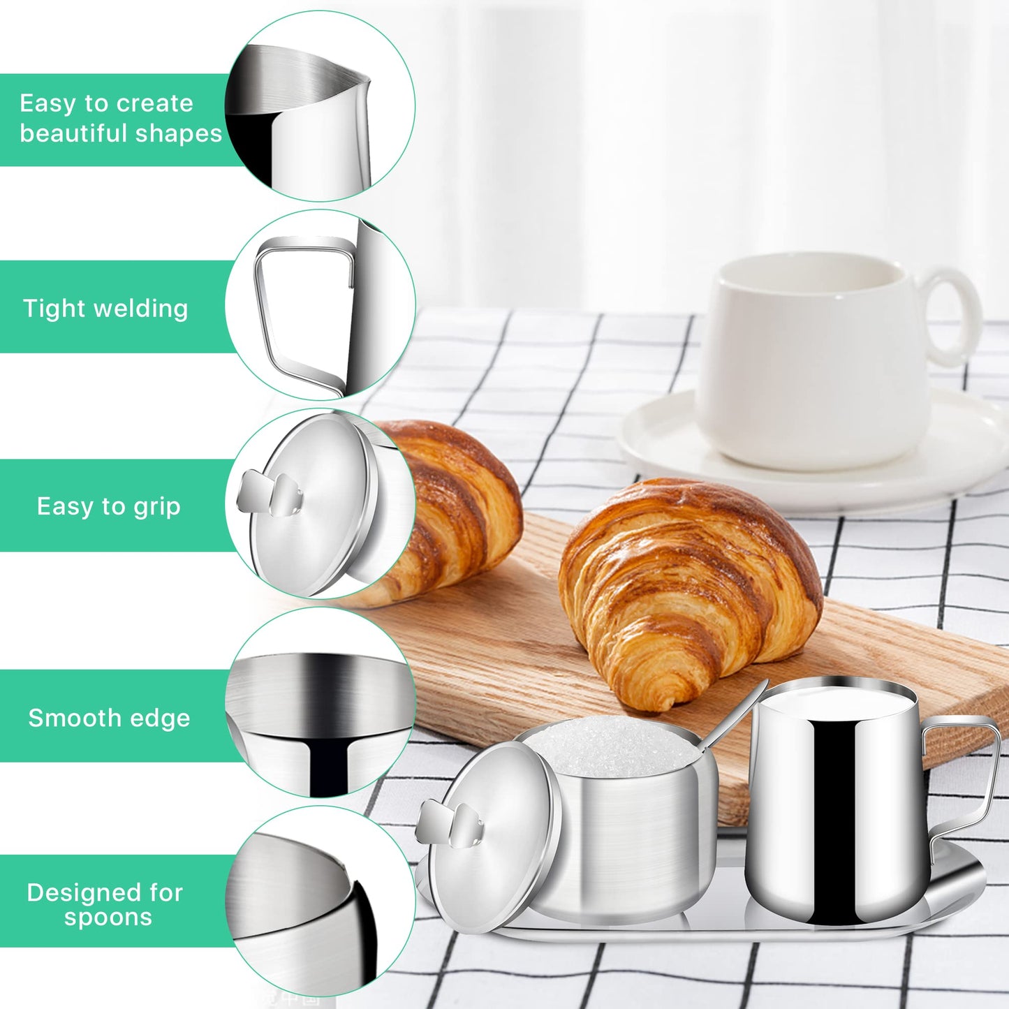 Worldity Stainless Steel Sugar and Creamer Set, Coffee Sets for Serving, Latte Milk Cup Cream Jug and Sugar Bowl with Lid Spoon Tray for Coffee Bar