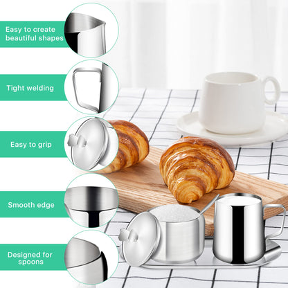 Worldity Stainless Steel Sugar and Creamer Set, Coffee Sets for Serving, Latte Milk Cup Cream Jug and Sugar Bowl with Lid Spoon Tray for Coffee Bar
