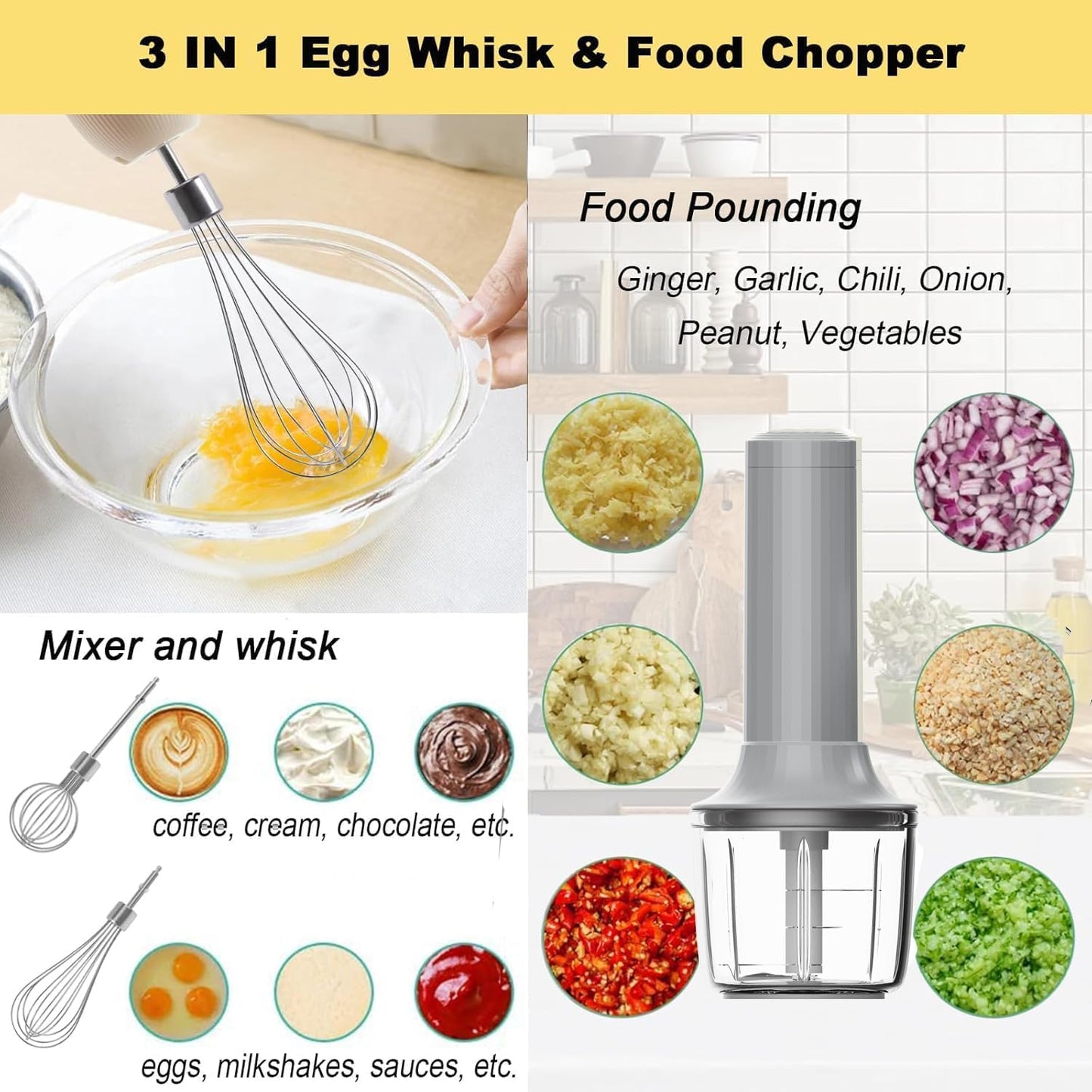 4-in-1 Electric Hand Mixer, Electric Whisk, Mini Onion Chopper 10Oz, Small Cordless Hand Blender, Milk Frother Wand for Coffee, Matcha, 4 Speed Rechargeable Food Processor for Baby Food Maker