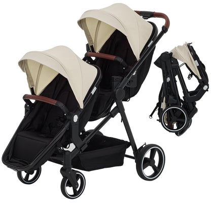 Tandem Double Stroller for Twins, Foldable Baby Stroller for Newborns 0-6 Months, Reversible Adjustable Seats, Shock-Absorbing Swivel Wheels & One-Step Brake, Storage Basket & Sun Canopy, Beige
