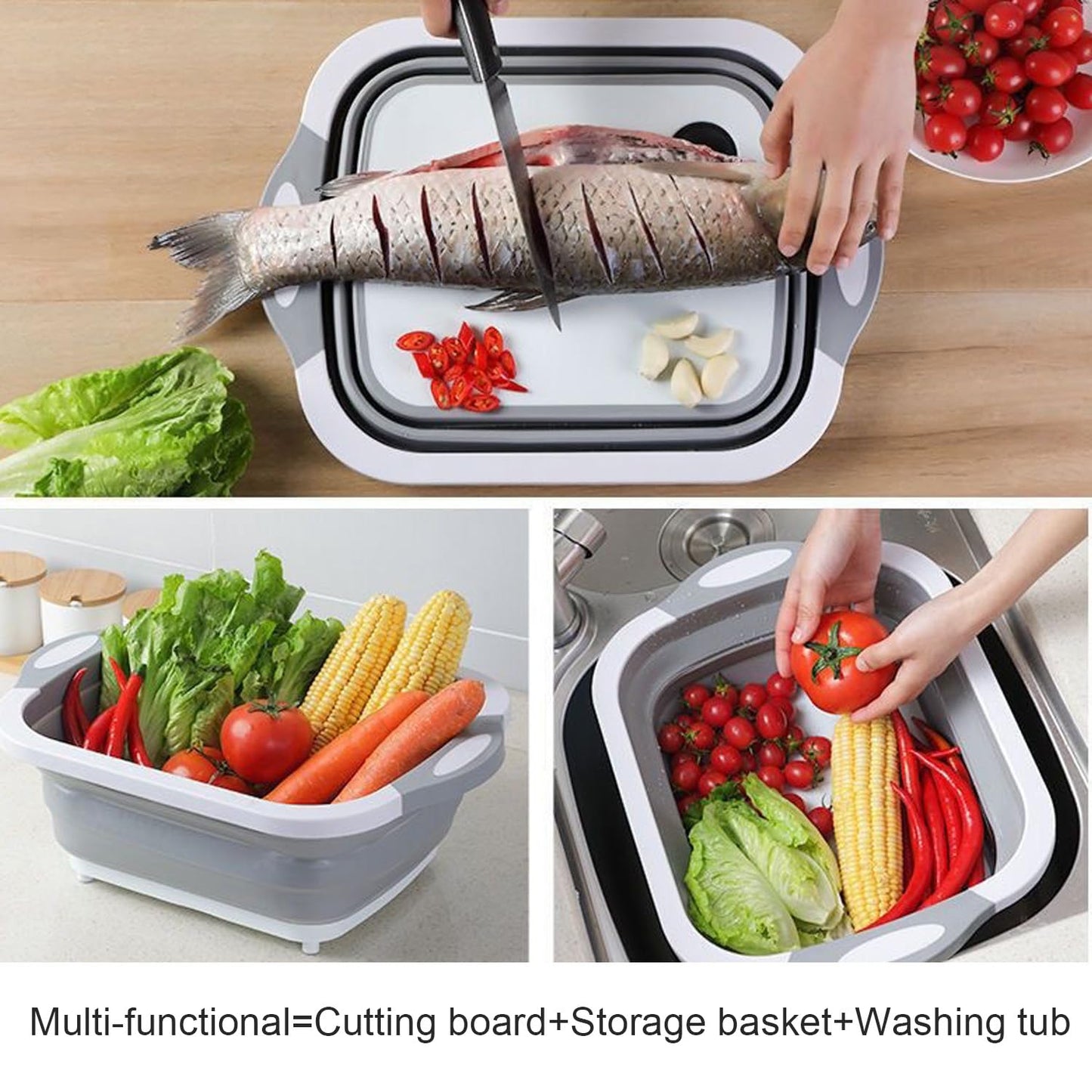 Camping Collapsible Cutting Board Dish Basin BBQ Prep Tub Camp Sink Dish Washing Station Multifunctional Storage Basket(Grey white)